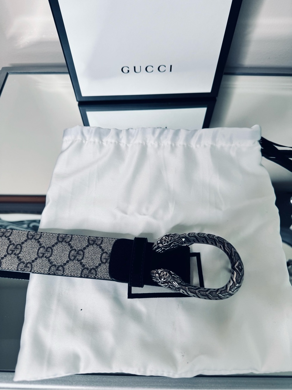 Gucci Monogram and Black Leather and Suede Belt with Silver Dionysus Buckle